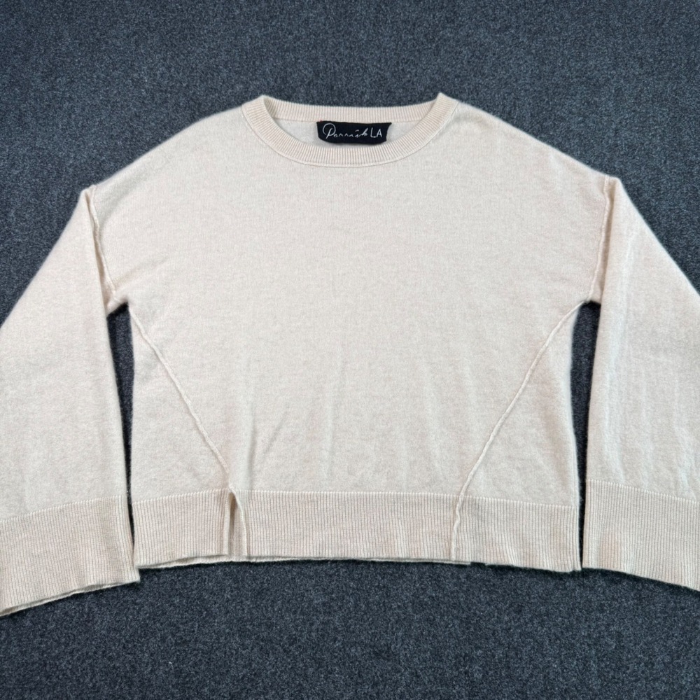 Parrish LA Cream Oatmeal Crewneck Sweater Red Seam Knit Cashmere Women Small